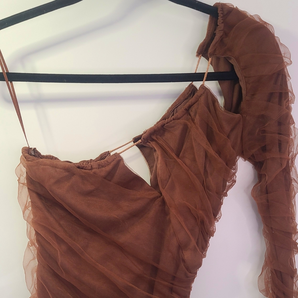 Zara brown one sleeve asymmetric lace ruched cut out bodycon dress size medium M - Picture 3 of 6